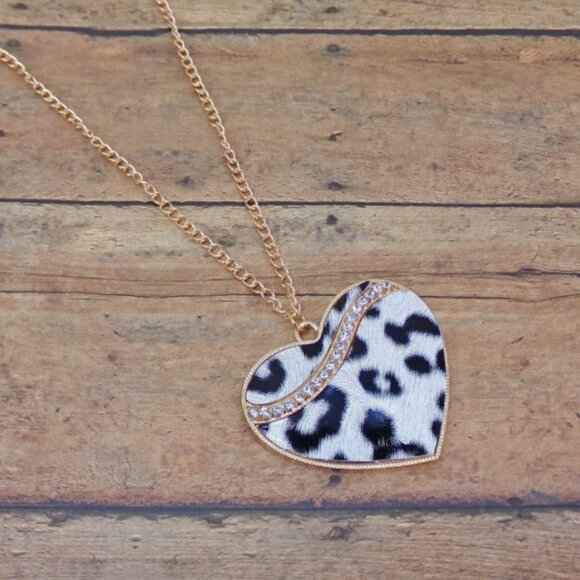Large Animal Print Heart Pendant Necklace with Crystals, Fashion Heart Necklace - Picture 5 of 7